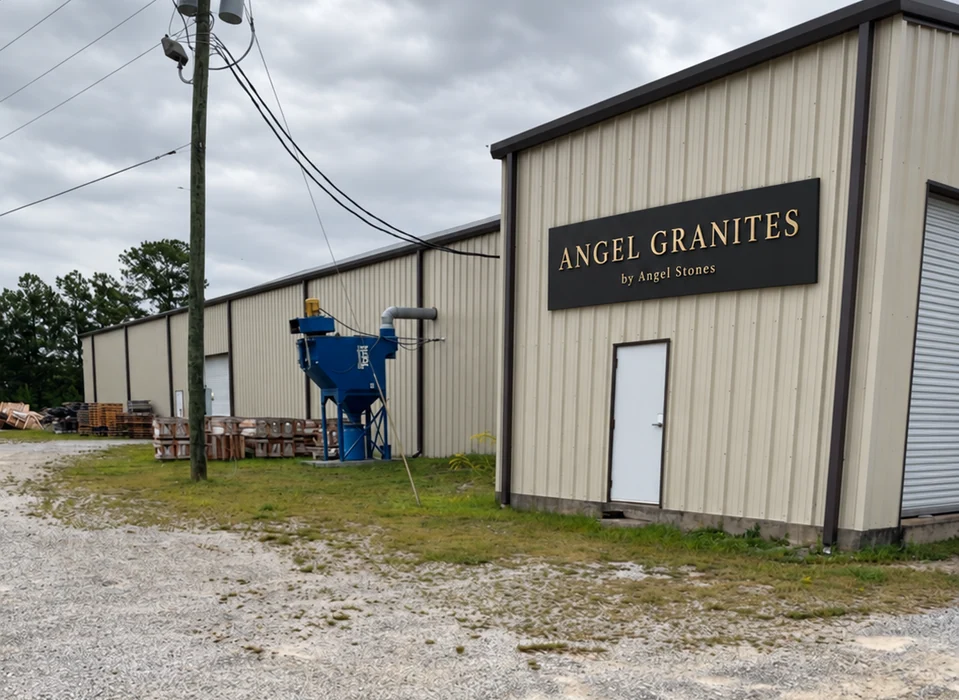 Elberton building with a proposed ANGEL GRANITES sign and smaller by Angel Stones line digitally added